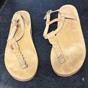 Rainbow Tan Leather Thong Sandals with Braided Strap, size 7-7.5 ladies
